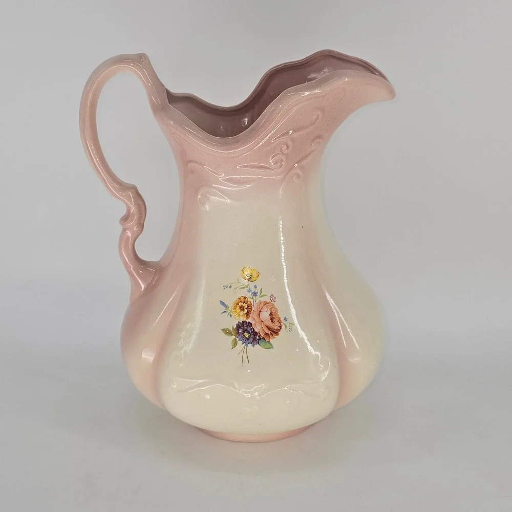 Vintage Pink Cream Floral Ceramic Pitcher Vase Ornate Scalloped Victorian Style